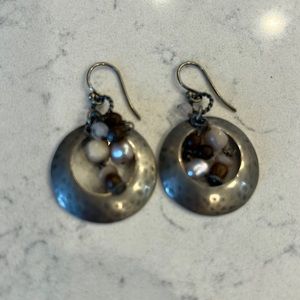 Silpada silver hammered rose quartz, pearl & wood hoop earrings